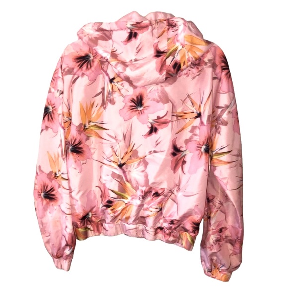 Pink Satin Tropical Island Print Bomber Windbreaker Hoodie Jacket - Picture 4 of 13